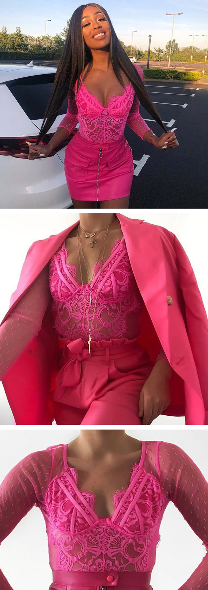 Fashion Pink Lace Flower Stitching Jumpsuit,SLEEPWEAR & UNDERWEAR