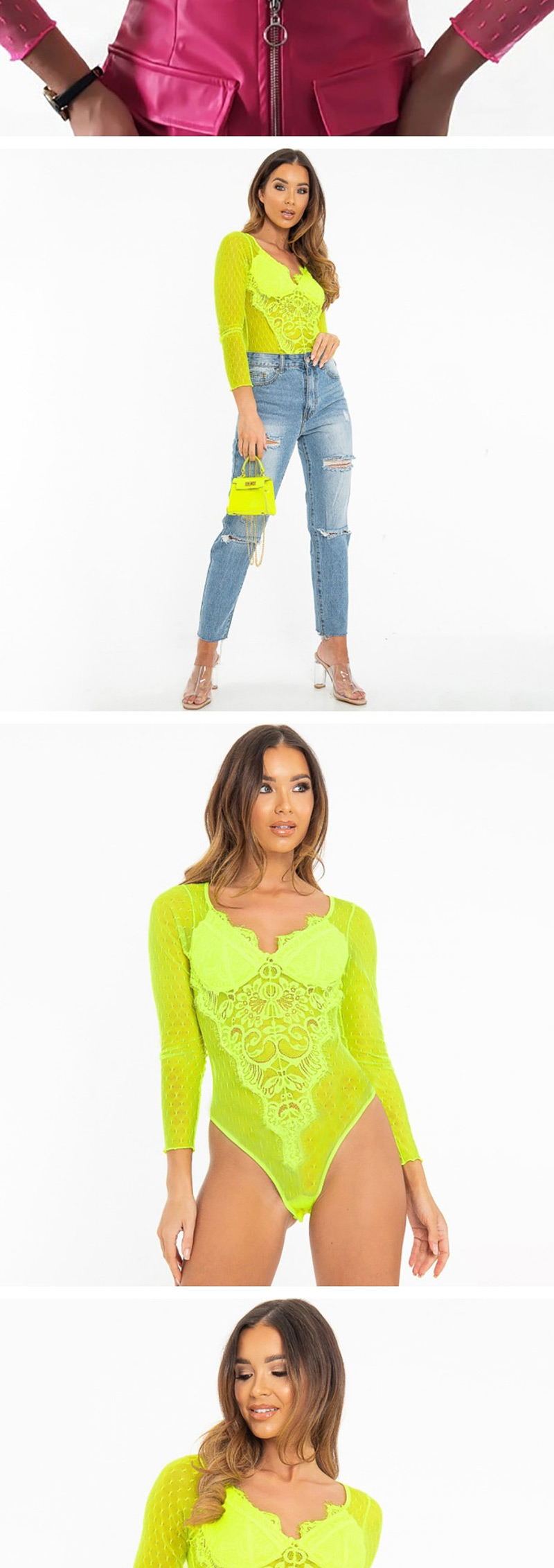 Fashion Fluorescent Green Lace Flower Stitching Jumpsuit,SLEEPWEAR & UNDERWEAR