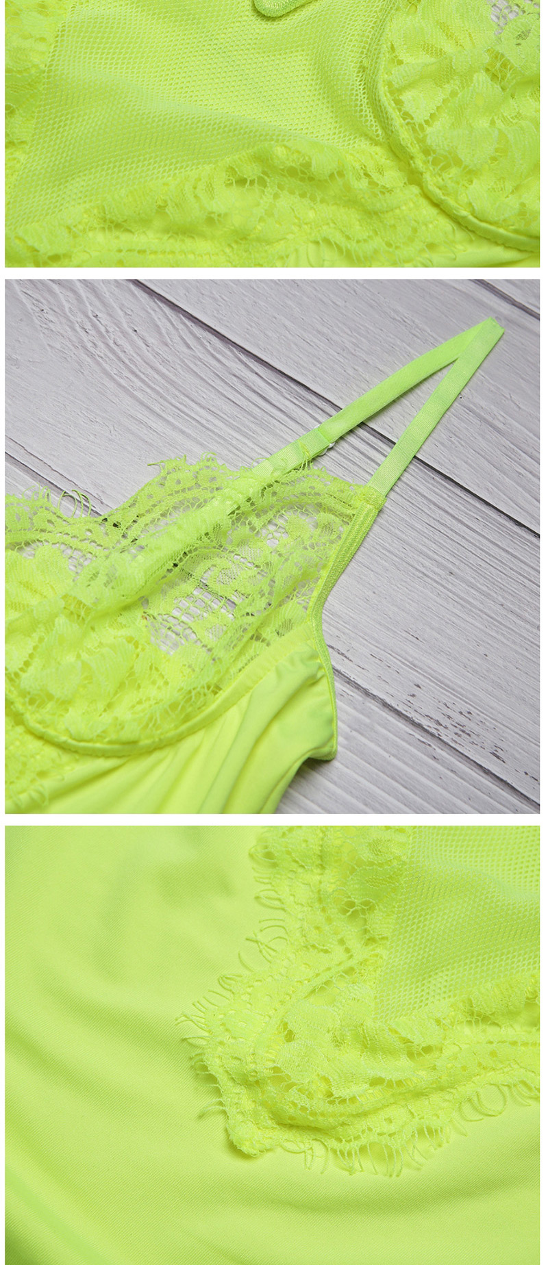 Fashion Fluorescent Yellow Deep V Lace Lace Stitching Jumpsuit,SLEEPWEAR & UNDERWEAR