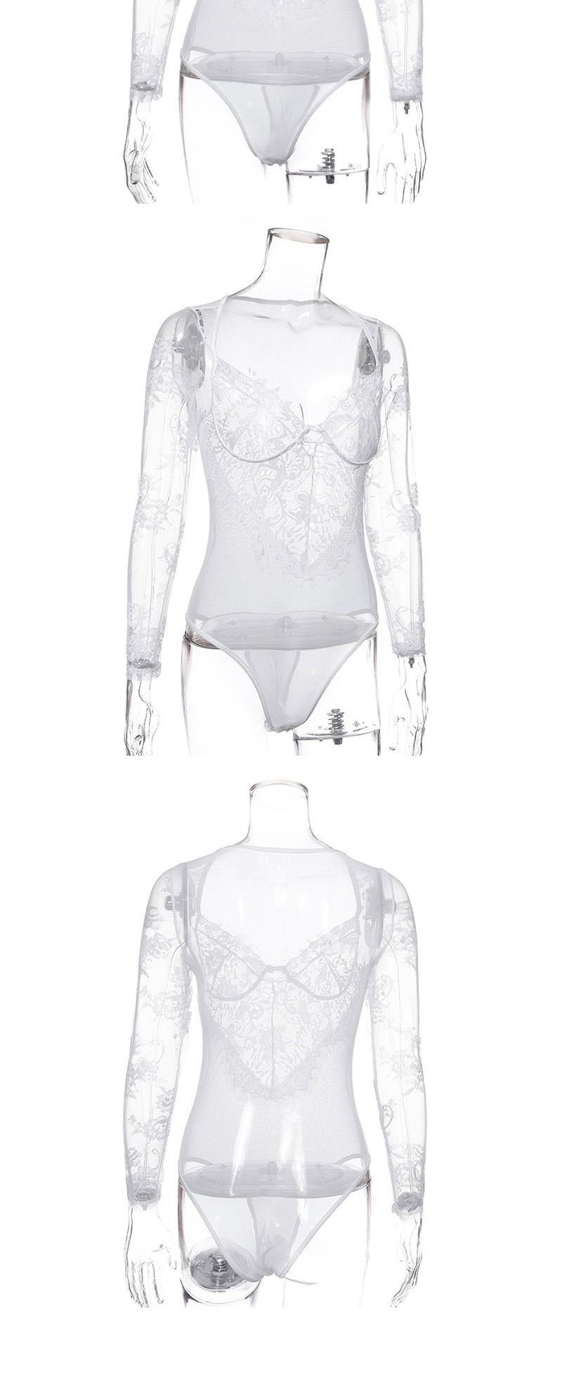 Fashion White Perspective Lace Flower Hollow V-neck Jumpsuit,SLEEPWEAR & UNDERWEAR