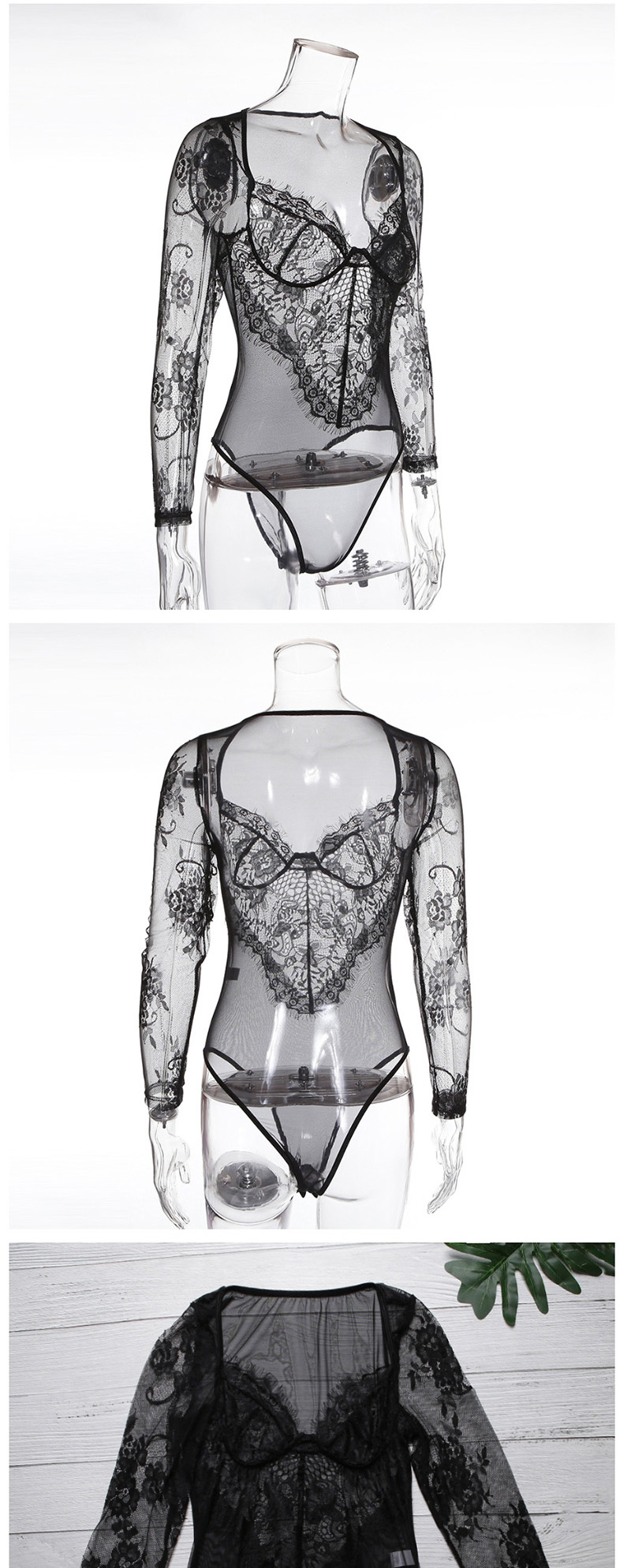 Fashion Black Perspective Lace Flower Hollow V-neck Jumpsuit,SLEEPWEAR & UNDERWEAR