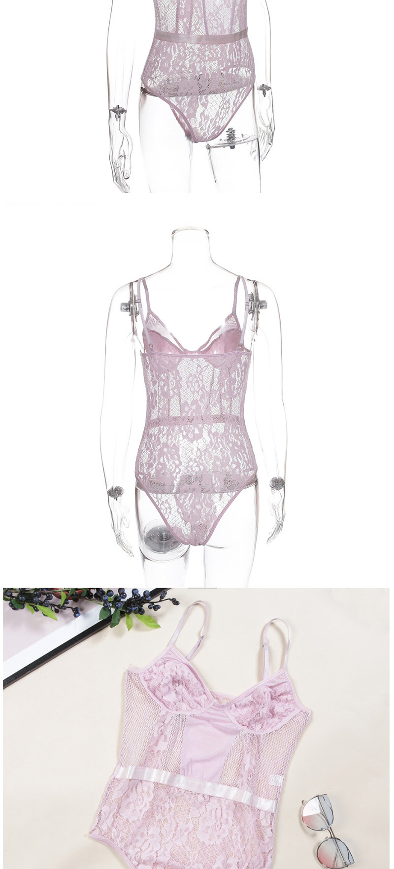 Fashion Purple Openwork Lace Sling Jumpsuit,SLEEPWEAR & UNDERWEAR