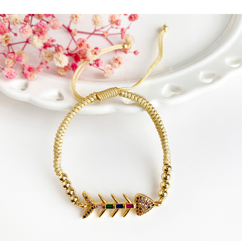 Fashion Light Khaki Copper Inlaid Zircon Braided String Beaded Fish Bone Bracelet,Bracelets