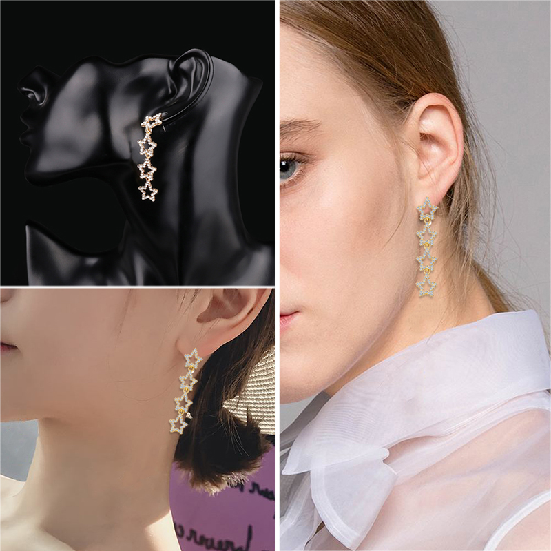 Fashion Real Gold Alloy Rhinestone Pentagonal Earrings,Korean Brooches