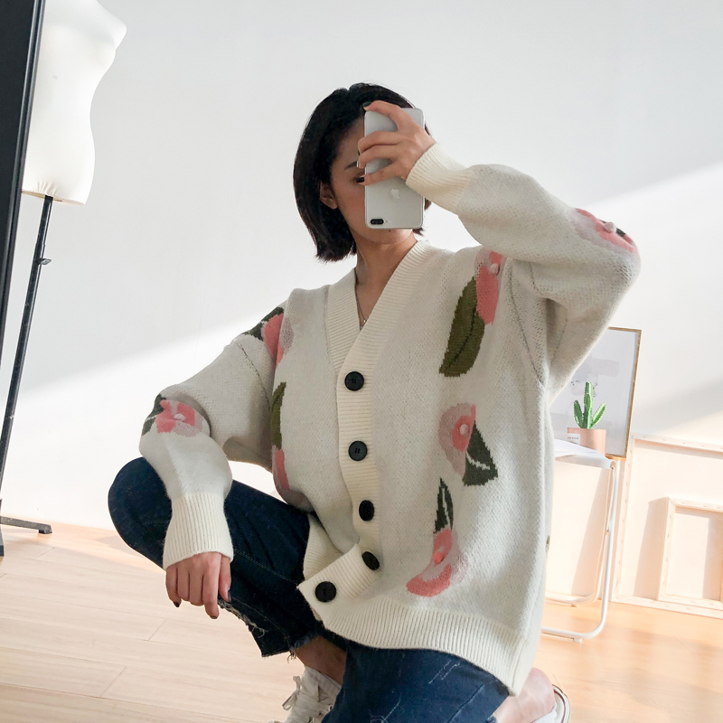 Fashion White Knitting Sweater With Leaves Flowers,Sweater