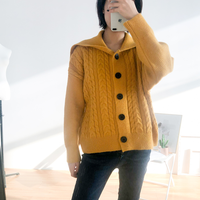 Fashion Ginger Yellow Navy Collar Twist Knit Cardigan,Sweater