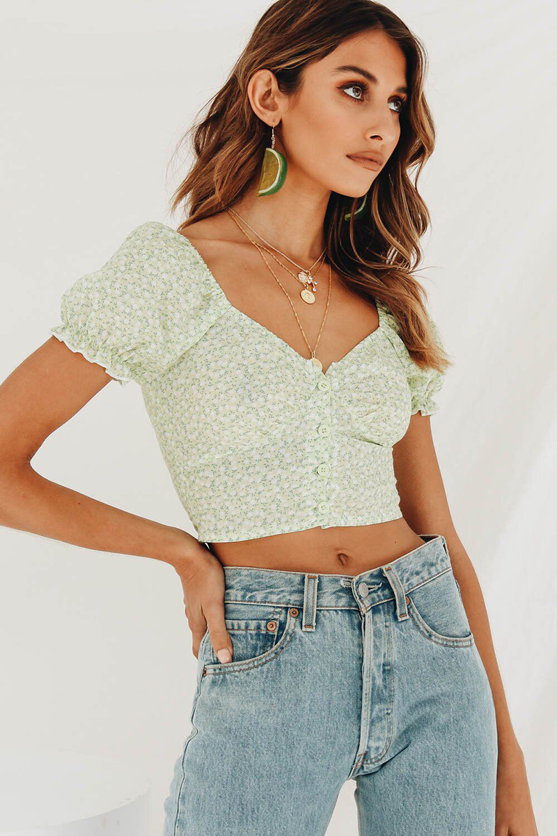 Fashion Green Floral Print Puff Sleeve Turtleneck Top,Tank Tops & Camis