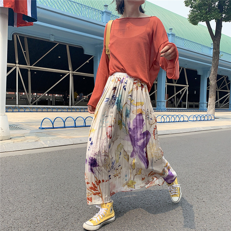 Fashion Color Floral Print Pleated Silk Skirt,Skirts