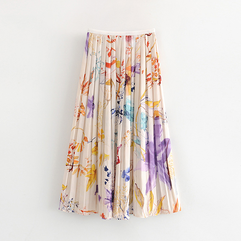 Fashion Color Floral Print Pleated Silk Skirt,Skirts
