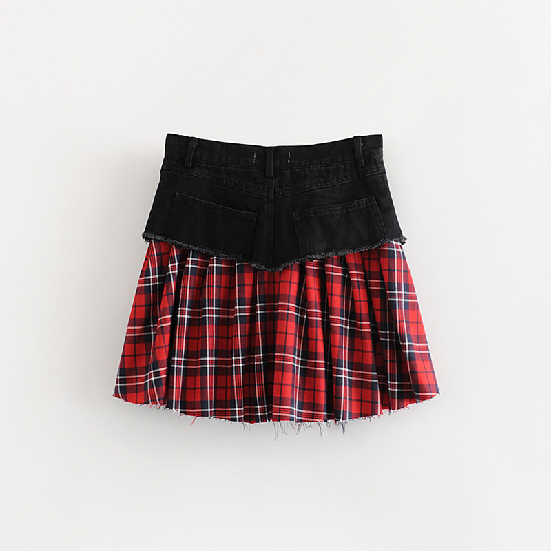 Fashion Red Plaid Denim Stitching Pleated Skirt,Skirts