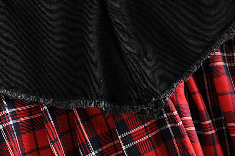 Fashion Red Plaid Denim Stitching Pleated Skirt,Skirts