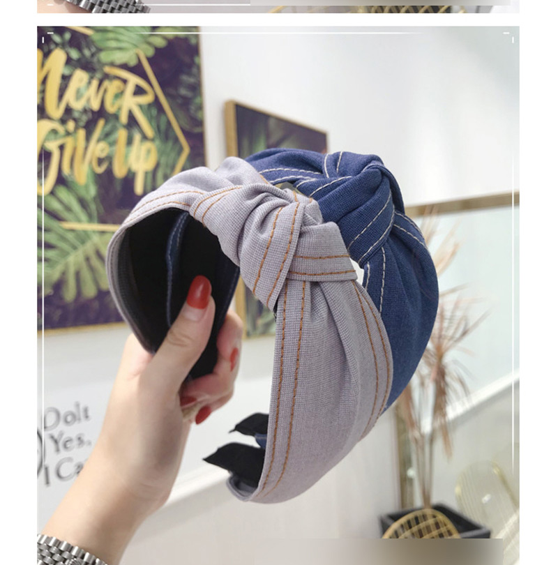 Fashion Light Grey Denim Fabric Double Bright Line Stripe Knotted Wide-brimmed Headband,Head Band
