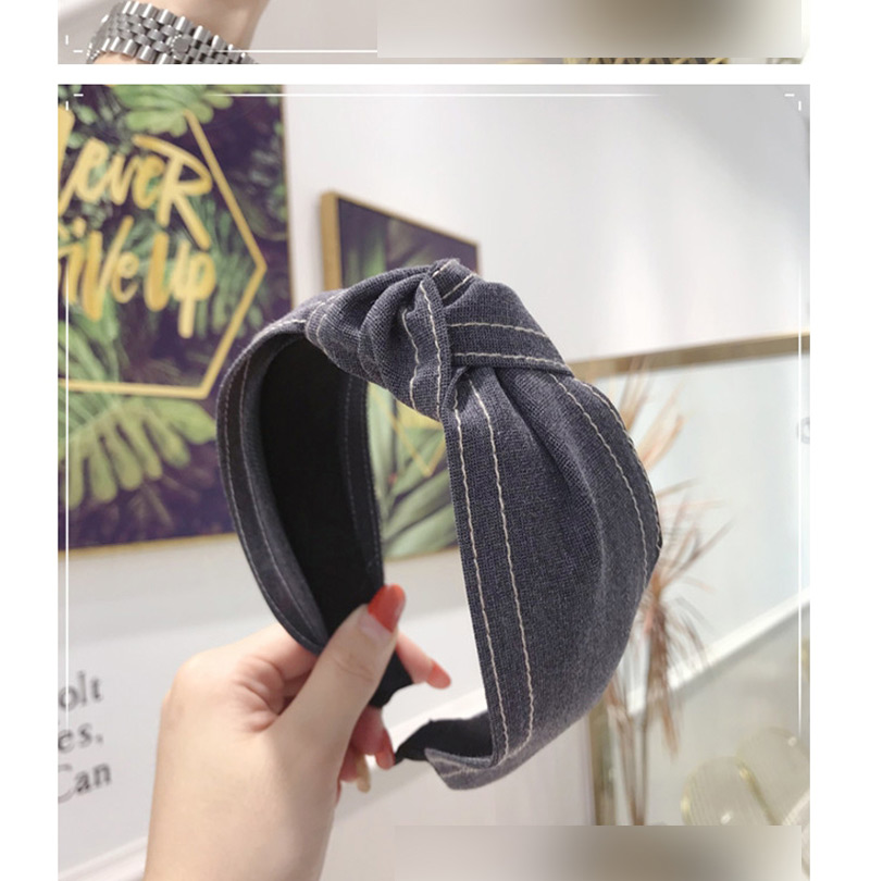 Fashion Blue Denim Fabric Double Bright Line Stripe Knotted Wide-brimmed Headband,Head Band