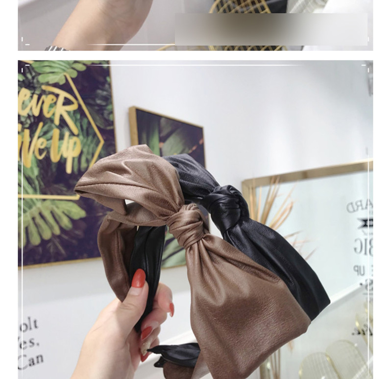 Fashion Brown Pu Imitation Leather Solid Color Big Bow Thin Side Headband,Head Band