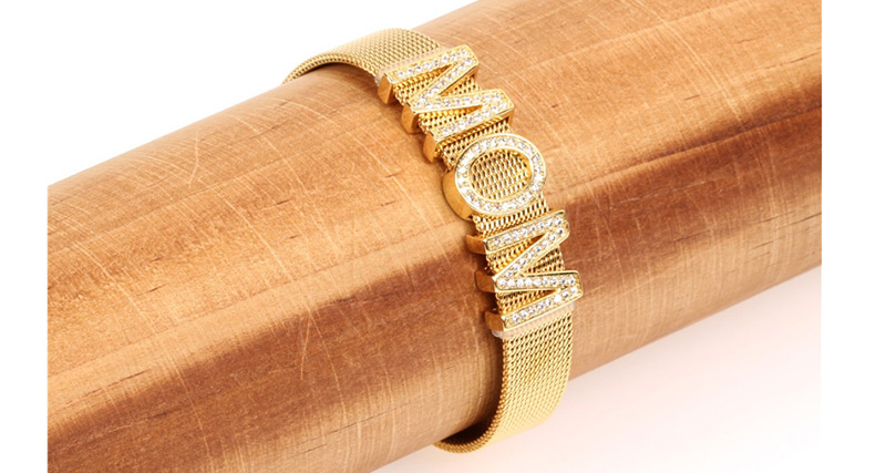 Fashion Gold Micro-inlaid Zircon Letter Stainless Steel Gold Color Bracelet,Bracelets