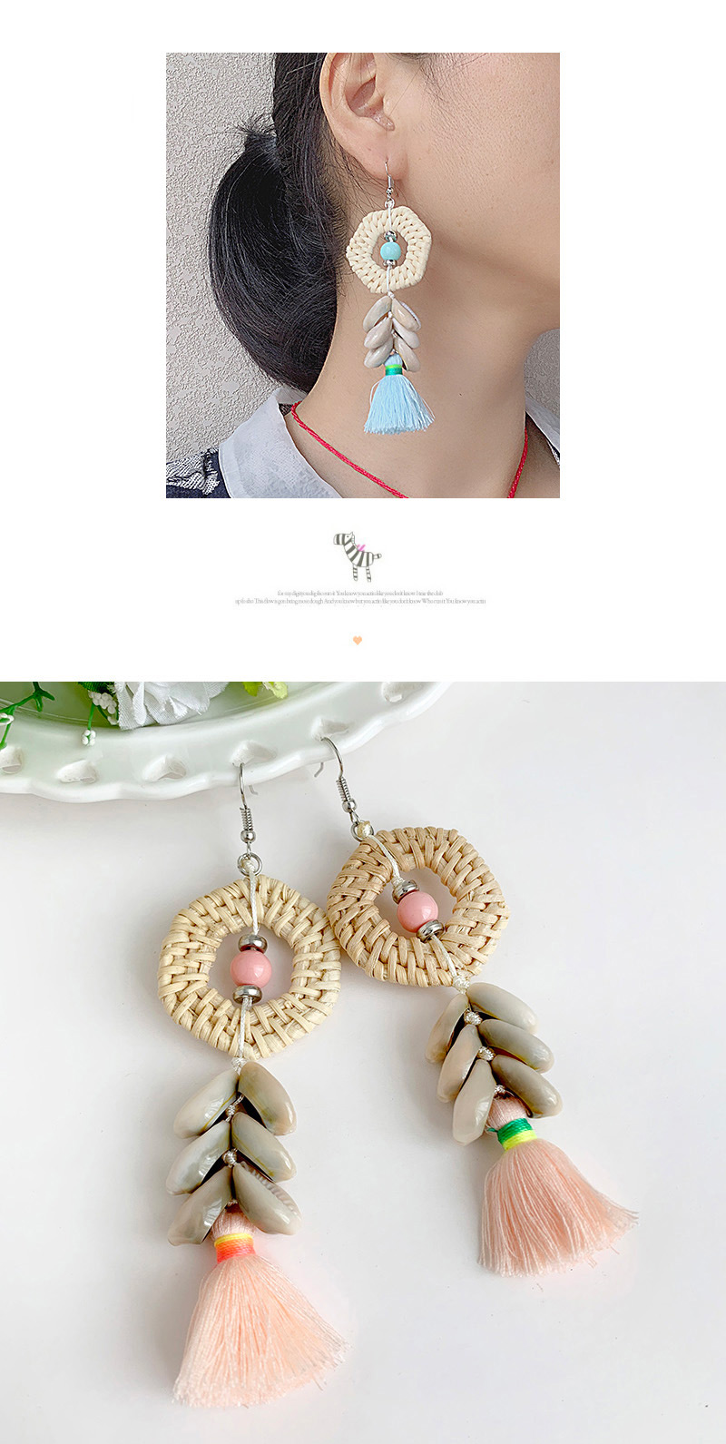 Fashion Pink Alloy Rattan Shell Cotton Thread Tassel Earrings,Drop Earrings