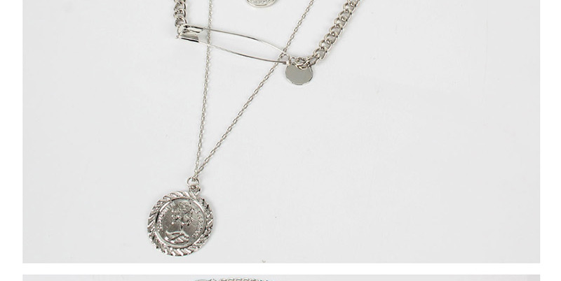 Fashion White K Metal Pin Shape Portrait Coin Necklace,Multi Strand Necklaces