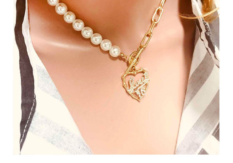 Fashion Gold Imitation Pearl Metal Love Micro-encrusted Necklace,Pendants