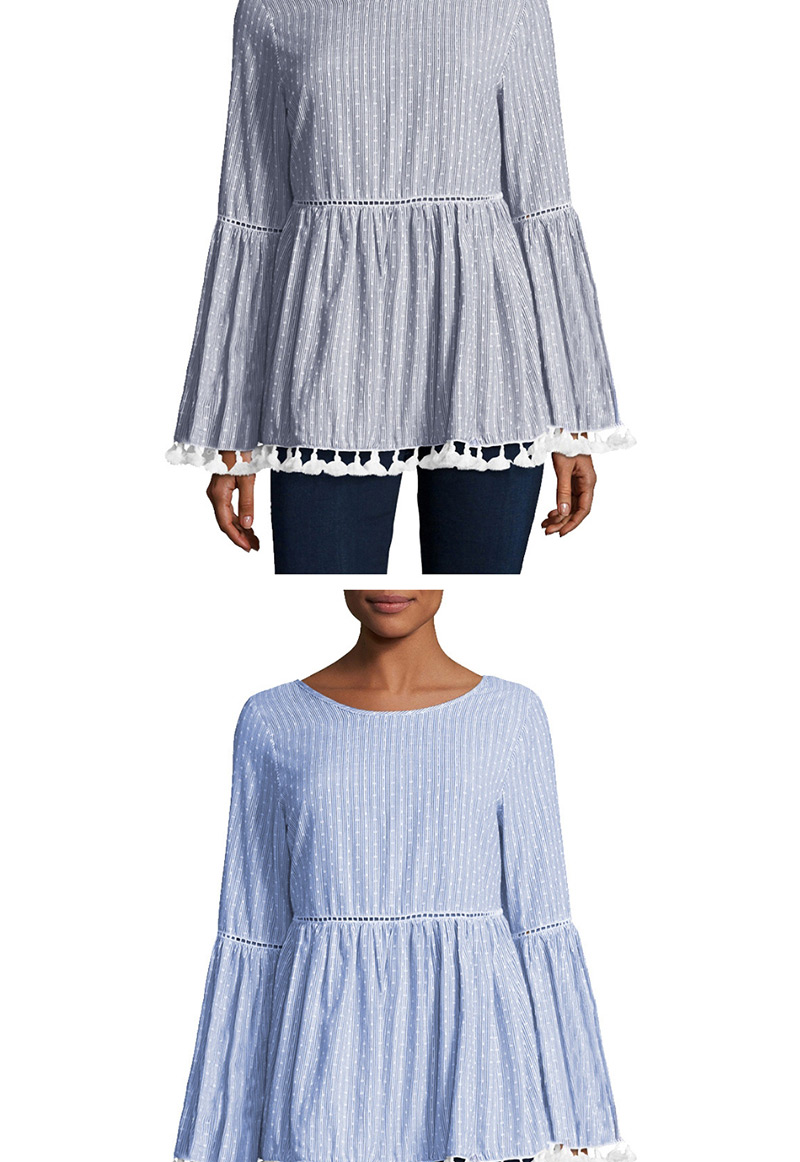 Fashion Blue Contrast Printed Large Trumpet Sleeve Stitching Fringed Shirt,Tank Tops & Camis