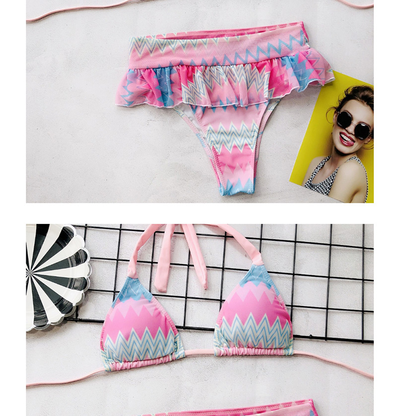 Fashion Color Mesh Printed Striped Ruffled Split Swimsuit,Bikini Sets