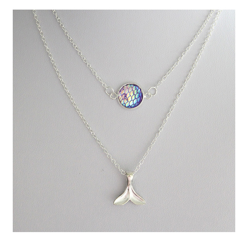 Fashion Silver + Pink Double Mermaid Necklace,Multi Strand Necklaces