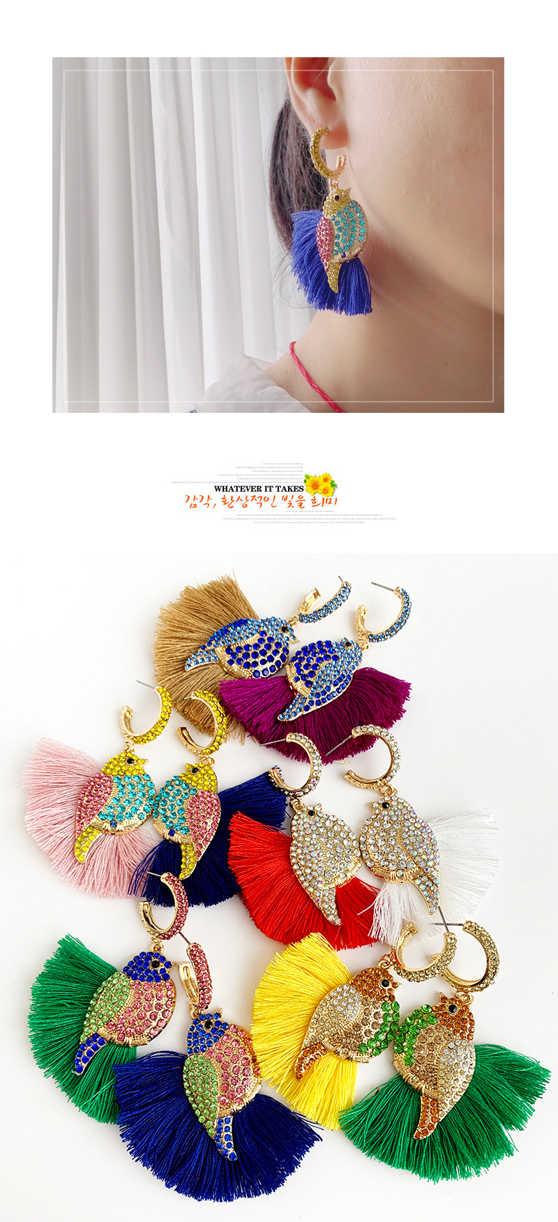 Fashion Sapphire + Yellow Alloy Diamond-studded Bird Tassel Earrings,Drop Earrings