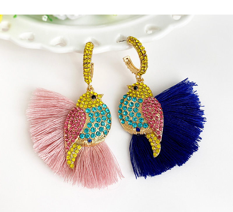 Fashion Pink + Yellow Alloy Diamond-studded Bird Tassel Earrings,Drop Earrings