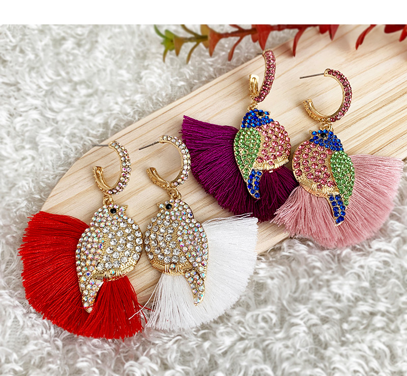 Fashion Pink + Brick Red Alloy Diamond-studded Bird Tassel Earrings,Drop Earrings