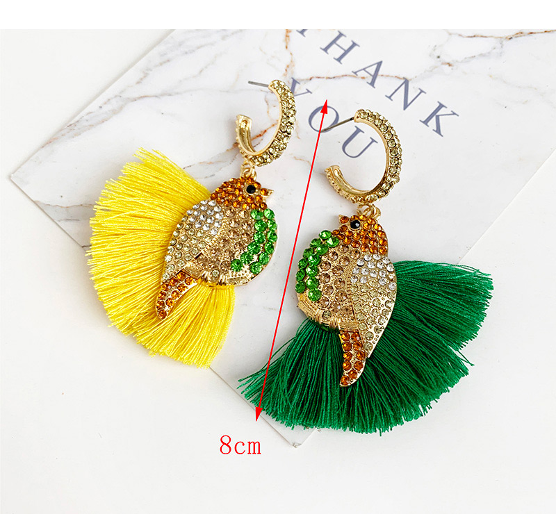 Fashion Green + Orange Alloy Diamond-studded Bird Tassel Earrings,Drop Earrings