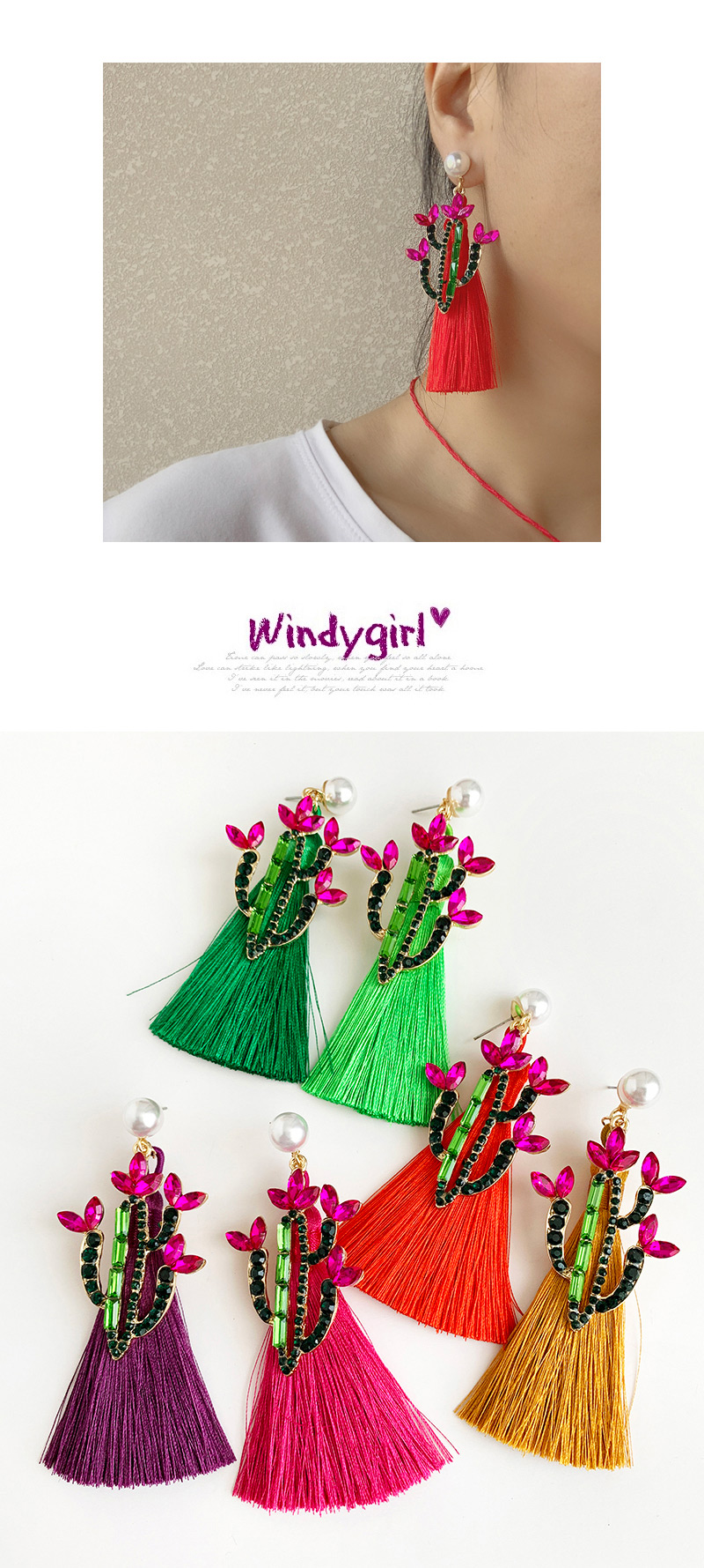 Fashion Red Alloy Studded Pearl Cactus Tassel Earrings,Drop Earrings