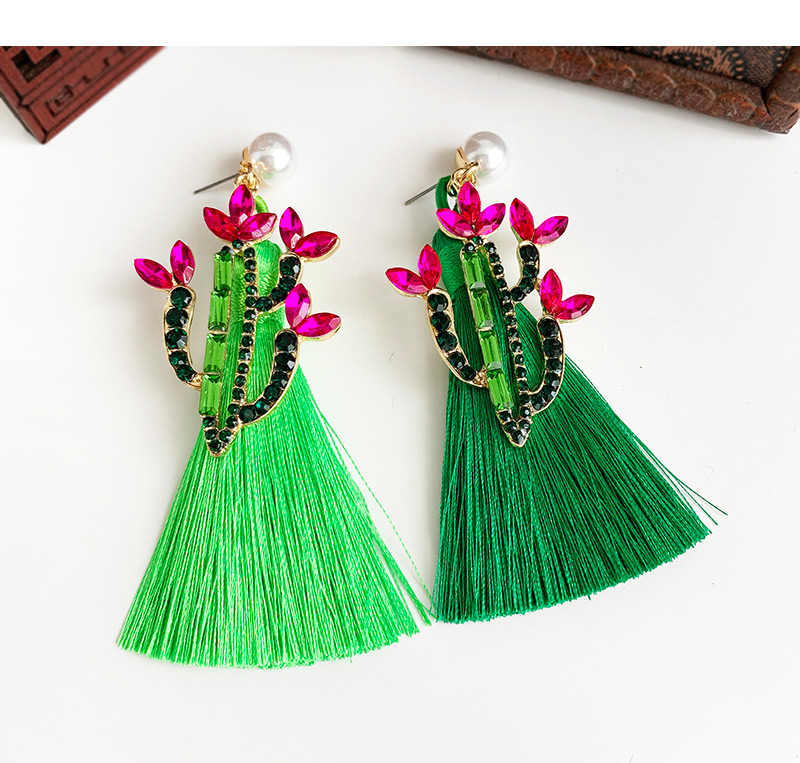 Fashion Fluorescent Green Alloy Studded Pearl Cactus Tassel Earrings,Drop Earrings