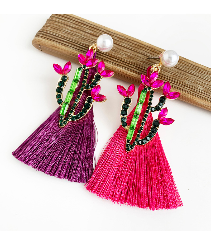 Fashion Purple Alloy Studded Pearl Cactus Tassel Earrings,Drop Earrings