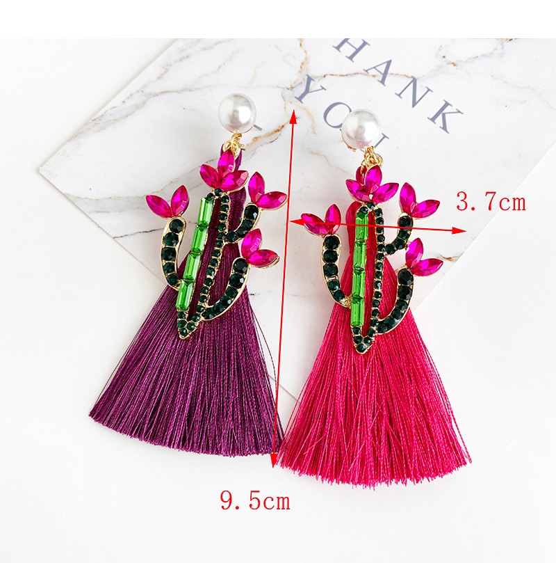 Fashion Purple Alloy Studded Pearl Cactus Tassel Earrings,Drop Earrings