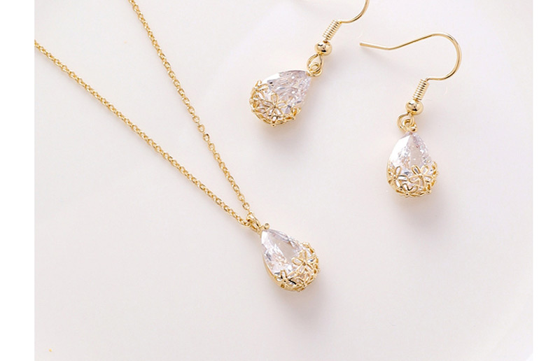 Fashion Gold Zircon Hollow Flower Necklace With Water Drops,Pendants