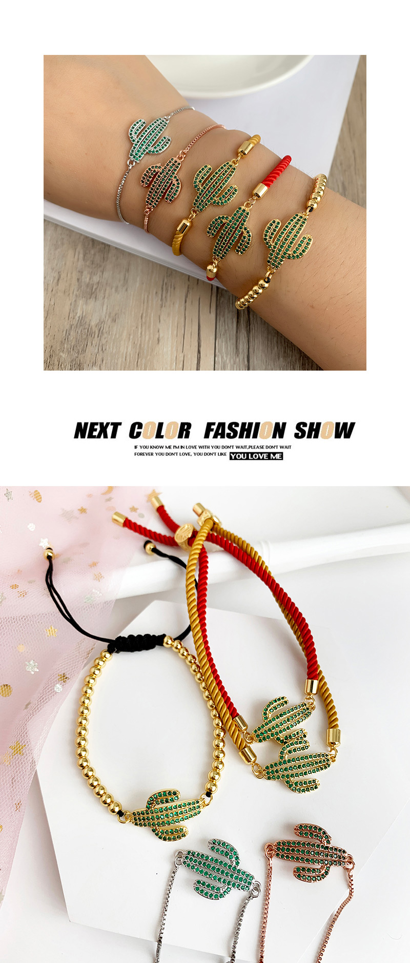 Fashion Khaki Copper Inlaid Zircon Braided Rope Cactus Bracelet,Bracelets