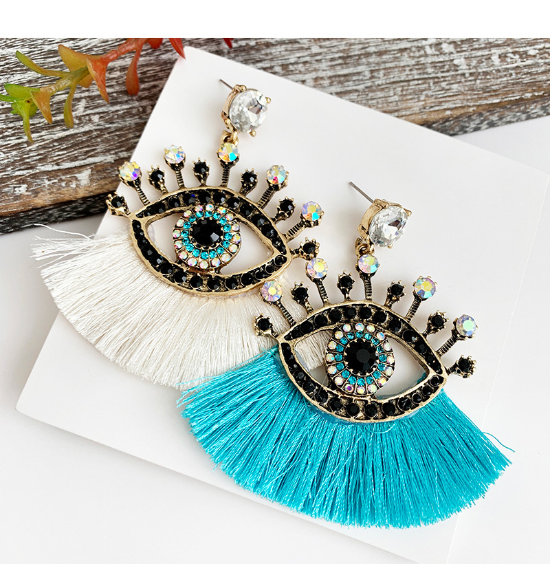 Fashion Royal Blue + Black Alloy Diamond Pierced Eye Tassel Earrings,Drop Earrings