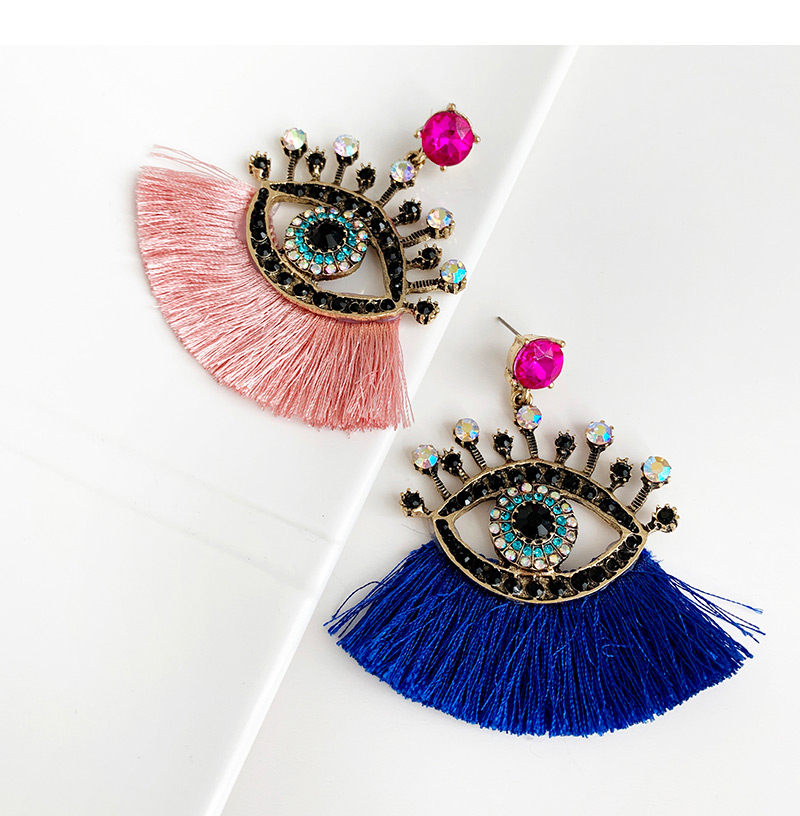 Fashion Leather Pink + White Alloy Diamond Pierced Eye Tassel Earrings,Drop Earrings