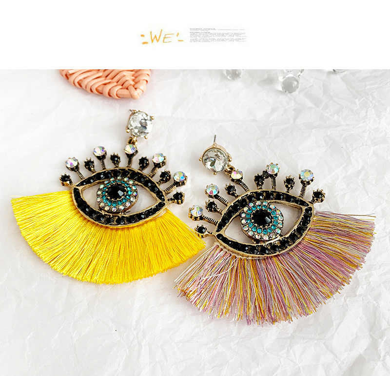 Fashion Yellow + Black Alloy Diamond Pierced Eye Tassel Earrings,Drop Earrings