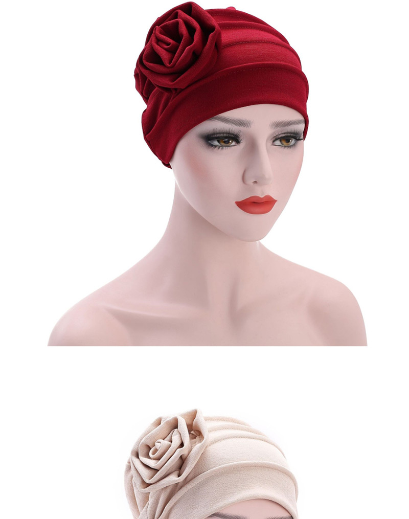 Fashion Red Wine Side Flower Turban Cap,Beanies&Others