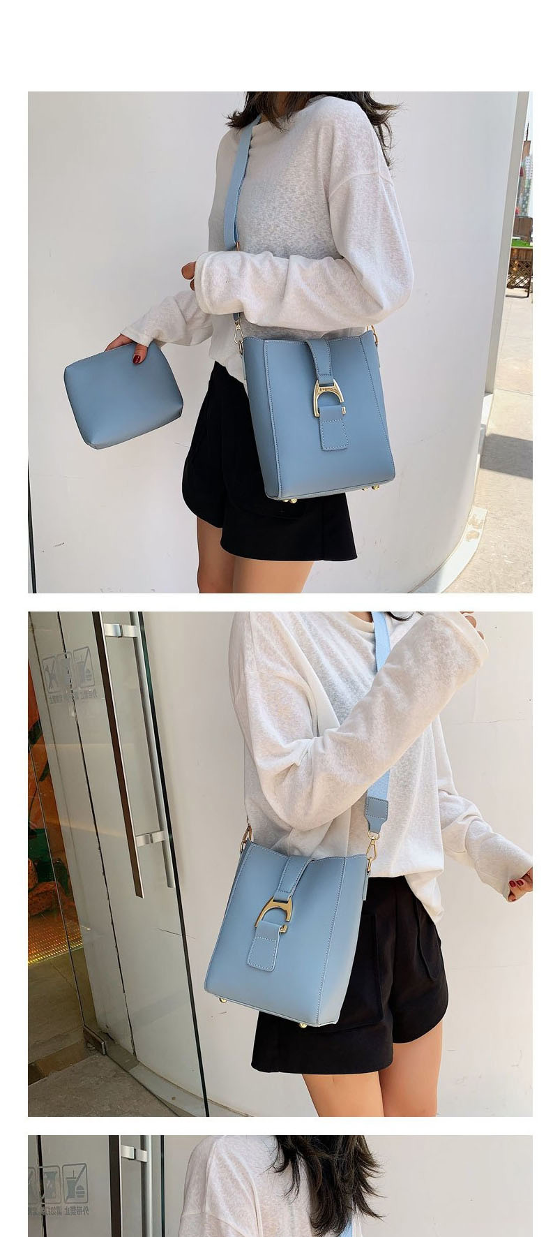 Fashion Blue Pu One Shoulder Slung Bucket Pull Buckle Bag,Messenger bags