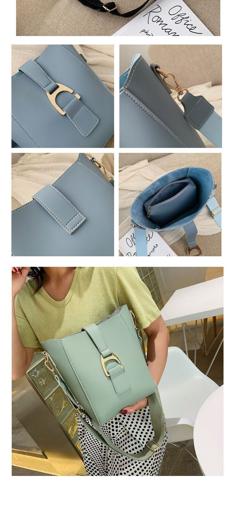 Fashion Blue Pu One Shoulder Slung Bucket Pull Buckle Bag,Messenger bags
