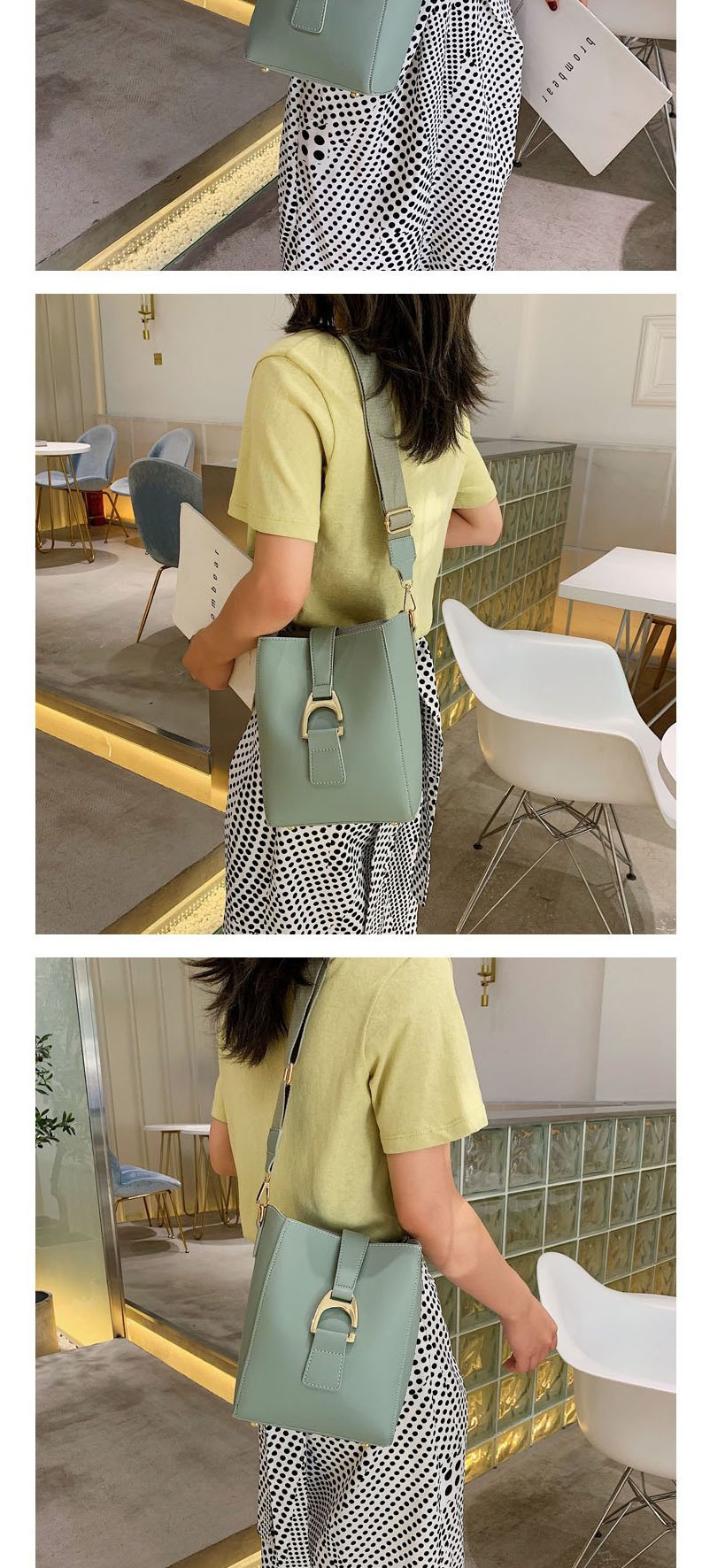 Fashion Green Pu One Shoulder Slung Bucket Pull Buckle Bag,Messenger bags