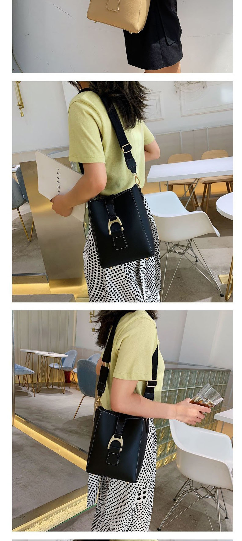 Fashion Black Pu One Shoulder Slung Bucket Pull Buckle Bag,Messenger bags