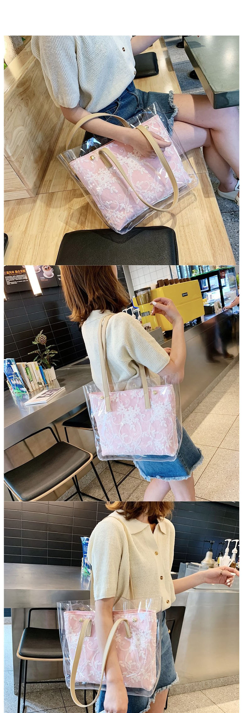Fashion Pink Pvc Woven Shoulder Transparent Mother Bag,Messenger bags
