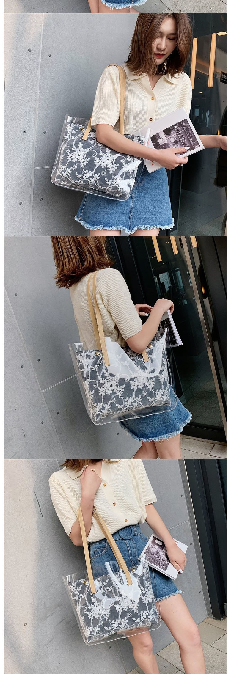 Fashion Beige Pvc Woven Shoulder Transparent Mother Bag,Messenger bags