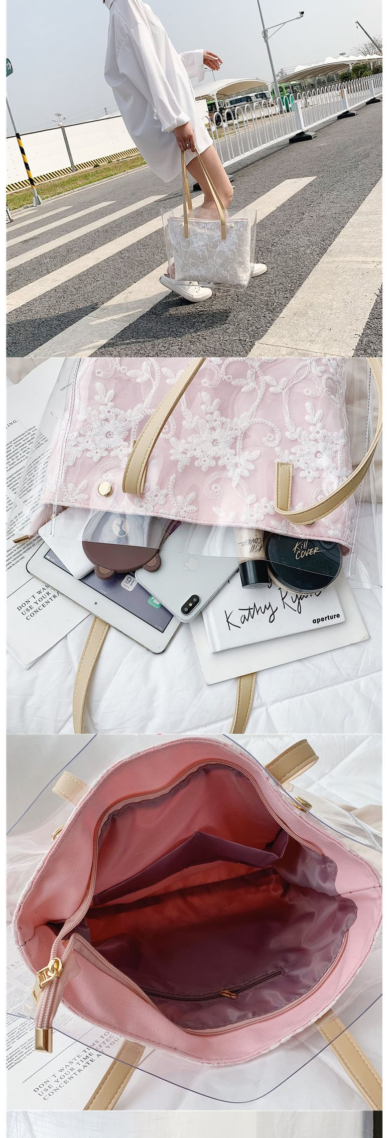 Fashion Pink Pvc Woven Shoulder Transparent Mother Bag,Messenger bags
