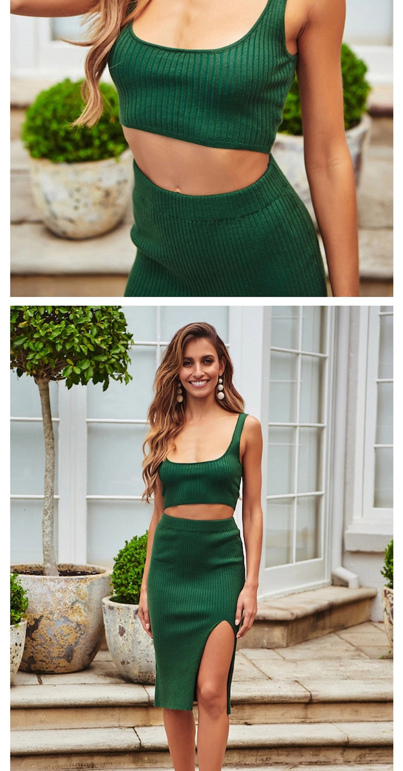 Fashion Green Knitted Vest + Striped Skirt Two-piece Suit,Tank Tops & Camis