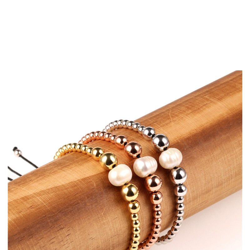 Fashion Rose Gold Gold Plated Solid Copper Bead Adjustable Weave Freshwater Pearl Bracelet,Bracelets