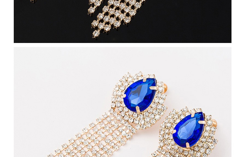 Fashion Blue Fully Drilled Tassel Clip,Clip & Cuff Earrings