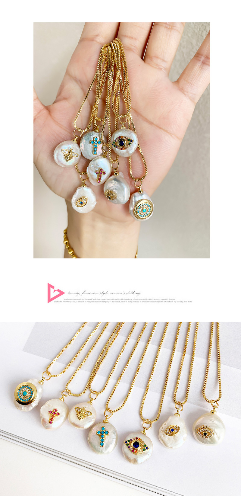 Fashion Gold Copper Inlaid Zircon Eye Geometric Shell Necklace,Necklaces